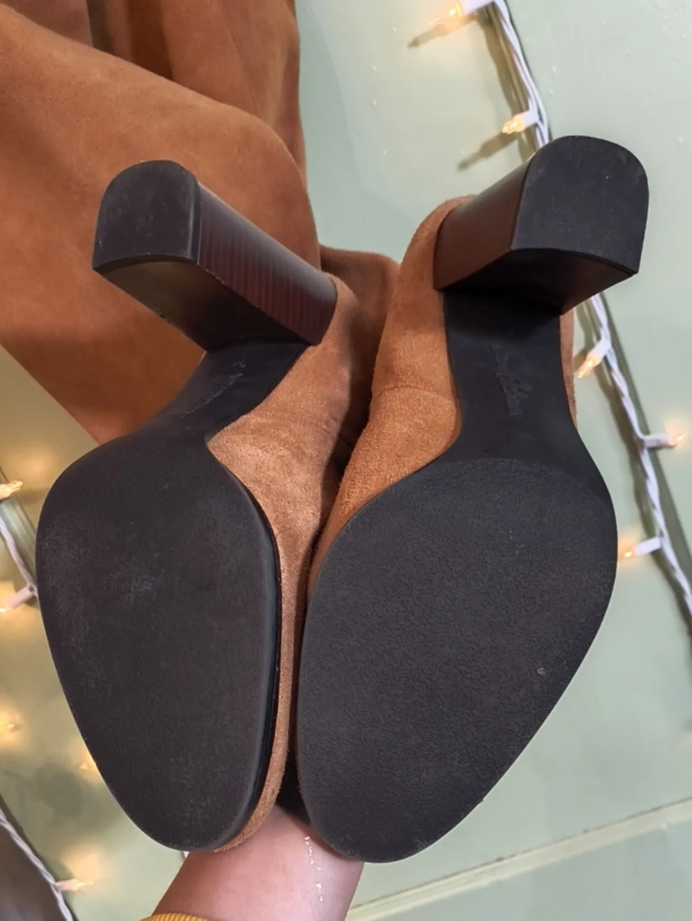 Women's Sam Edelman Knee High Walnut Faux Suede Round Toe Stack Heel Boots 9.5